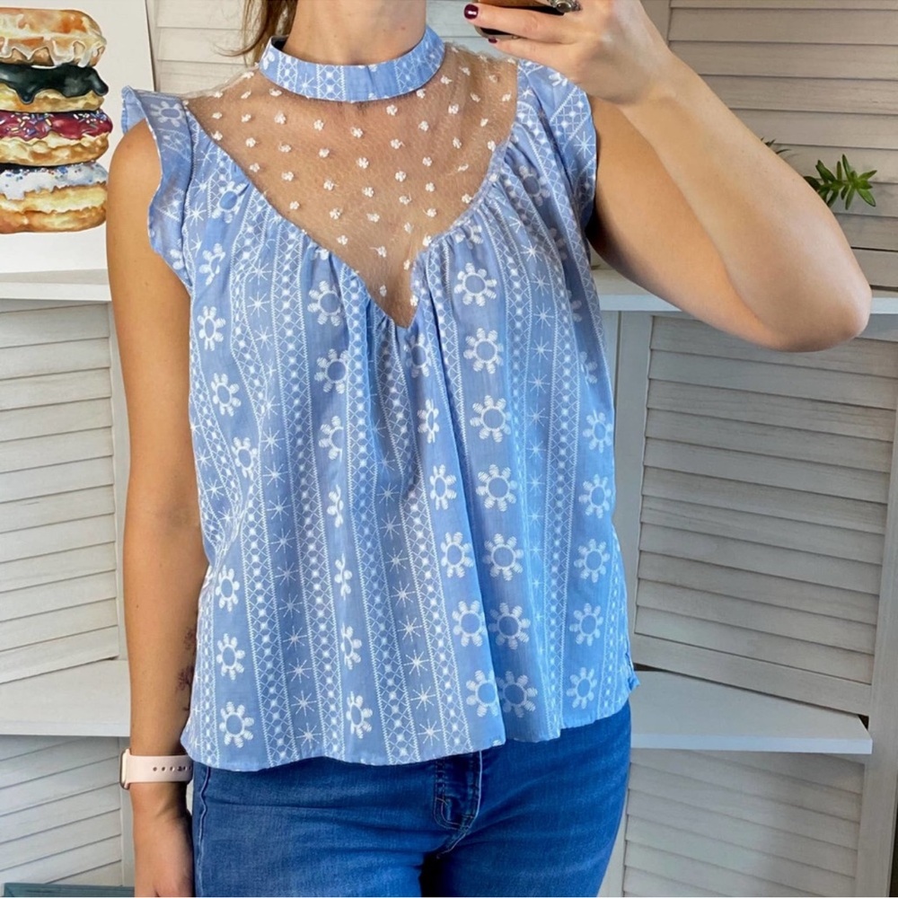 Lipslide blue floral embroidered lace blouse